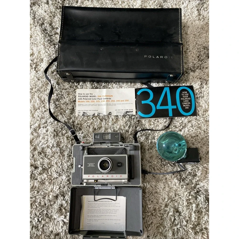 Vintage Polaroid Land Camera Model 340 Complete‎ W/ Case, Flash, Manual Untested